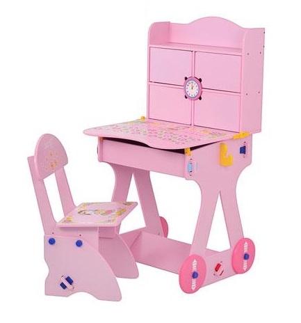Детская парта BAMBI W 125 розовая, на колесиках, часы