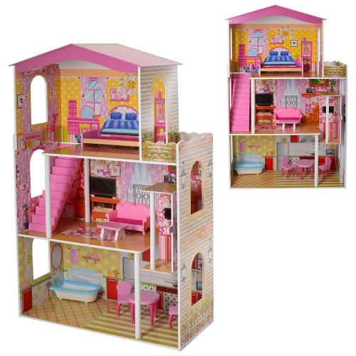 Деревянная игрушка Домик для куклы MD 2008 трехэтажный с мебелью