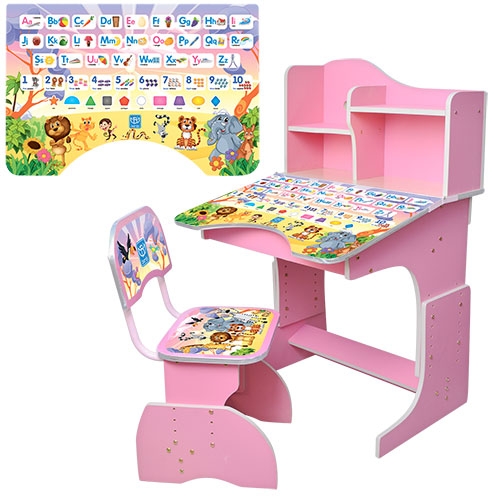 Парта с полочками и стульчиком BAMBI HB 2071M02-11 регулируемая высота (розовая английский алфавит)