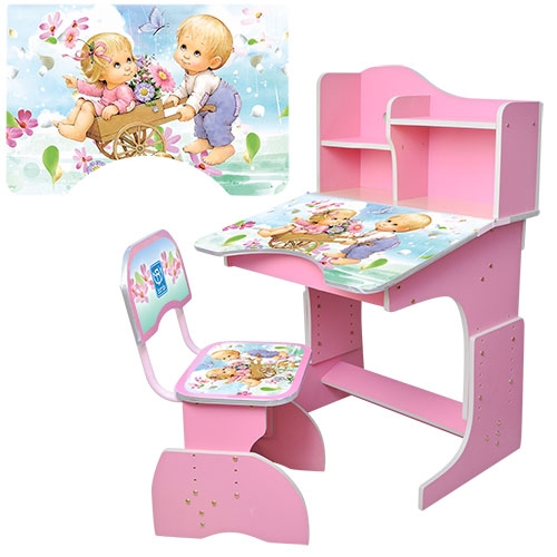 Парта с полочками и стульчиком BAMBI HB 2071M02-04 регулируемая высота (розовая детки)