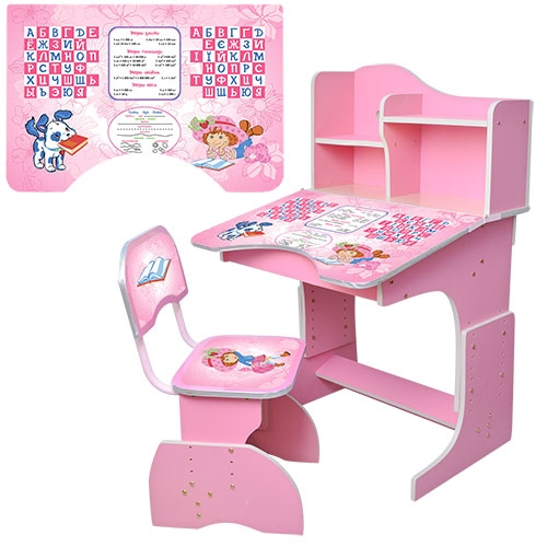 Парта с полочками и стульчиком BAMBI HB 2071M02-06 регулируемая высота (розовая алфавит)