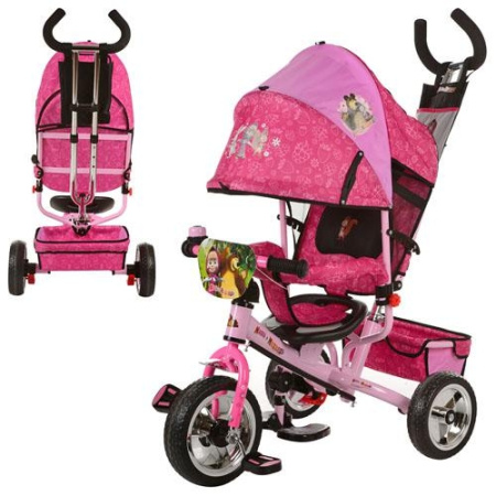 фото Детский трехколесный велосипед MM 0156-02 Маша и мишка, велосипед колясочного типа с ручкой (розовый)