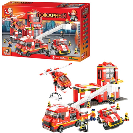 фото Конструктор SLUBAN M38-B0227 пожарная часть машинки вертолет (745 деталей)