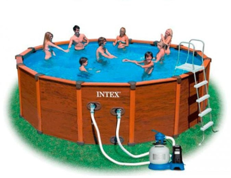 фото Сборной  бассейн Intex 54972, деревянный каркас, фильтрующий песочный насос (478 см - 124 см)