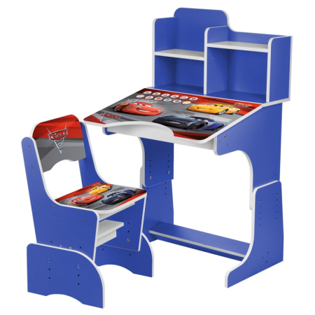 фото Парта для детей со стульчиком W 2071-70-4 Тачки регулируется высота (синяя)