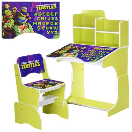 фото Детская парта с полочками и стульчиком W 2071-46-2 черепашки ниндзя (салатовая)