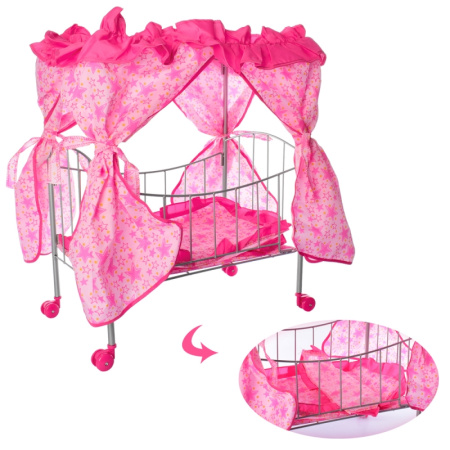 фото Кроватка металлическая 9350 / 015 с балдахином для кукол на колесиках