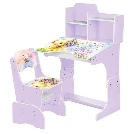 фото Детская парта со стульчиком BAMBI B 2071-54-4 регулируемая высота (сиреневая Мишка)
