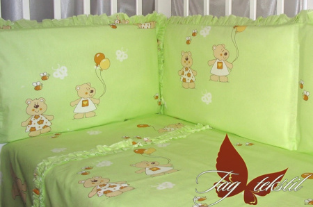 фото Детский комплект постельного белья в кроватку с простынью на резинке Мишки-малышки зеленый (В кроватку-049р)