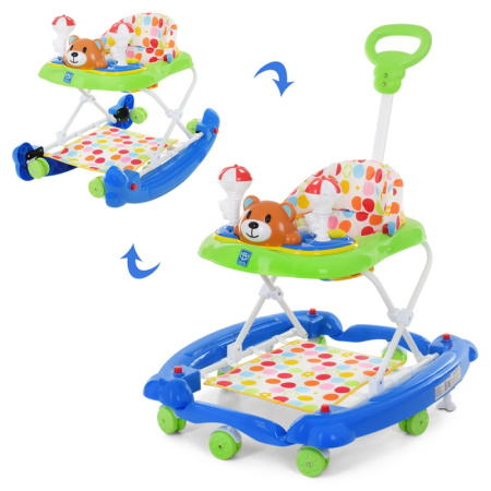 фото Ходунки для детей 3в1 качалка Bambi M 3656A-2 мишка с родительской ручкой (зеленые)