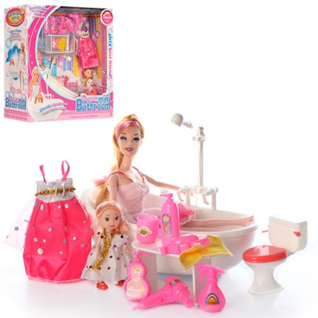 фото Мебель для куклы ванная комната JJ6604 с дочкой и аксессуарами
