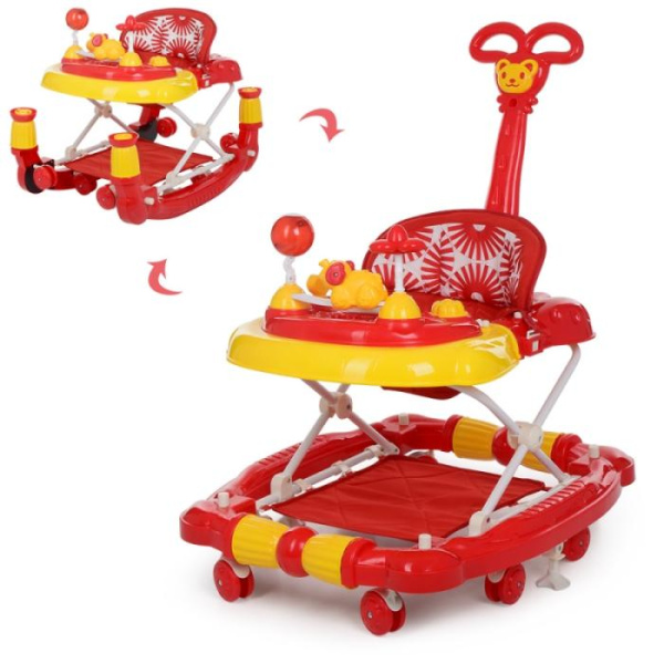 Детские ходунки 3в1 качалка Bambi M 3848-3 с родительской ручкой и музыкой (красные)