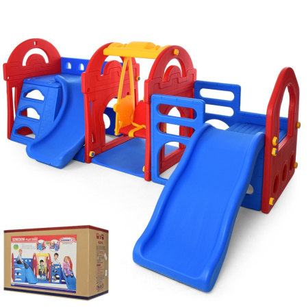 фото Горка c качелями для детей M 5403-3-4 Kingdom Playzone пластиковая (красно-сине-желтая)