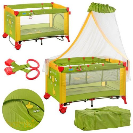 фото Манеж-кровать Bambi M 2707 качалка с балдахином (зелено-желтая)