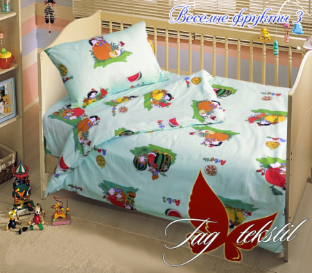 фото Детский комплект постельного белья в кроватку с простынью на резинке Веселые фрукты (В кроватку-046р)