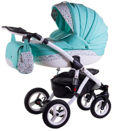 фото Коляска 2 в 1 Adamex Aspena Кожа 50% 880S Бирюзовый-Белая Кожа(Птички) 620542