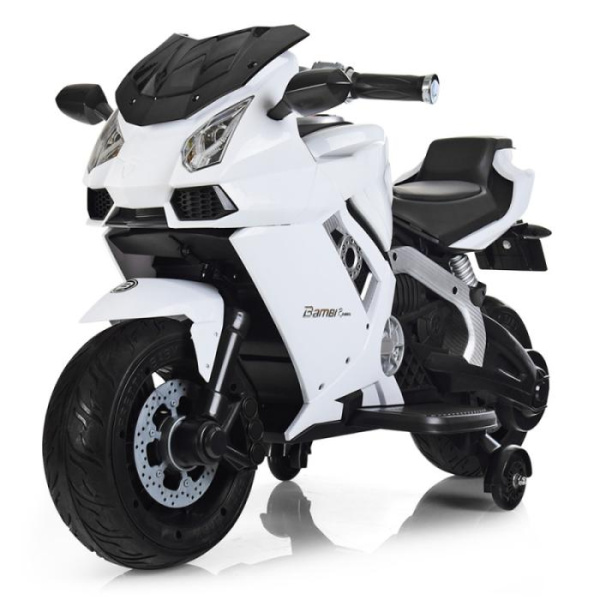 Мотоцикл для детей Bambi M 3637EL-1 с ручкой газа и кожаным сиденьем (белый)