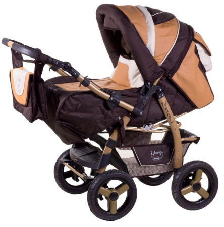 фото Коляска-трансформер Adamex Young коричневый лен-бежевый-золотая кожа 620413