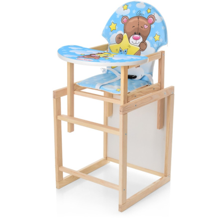 фото Деревянный стульчик для кормления М V-122-8PU Голубой Медведь ремни безопасности и эко-кожа