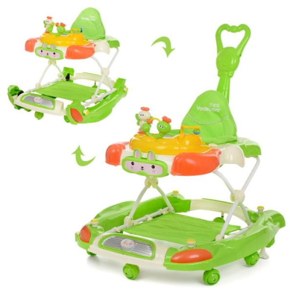 Детские музыкальные ходунки Bambi M 4021-2 качалка 3в1 с ручкой и ковриком (зеленые)