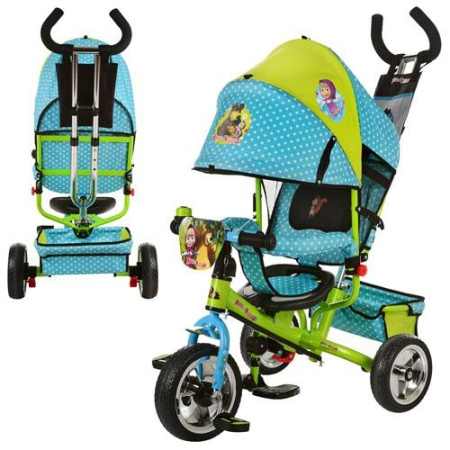 фото Детский трехколесный велосипед MM 0156-01 Маша и мишка, велосипед колясочного типа с ручкой (голубо-зеленый)
