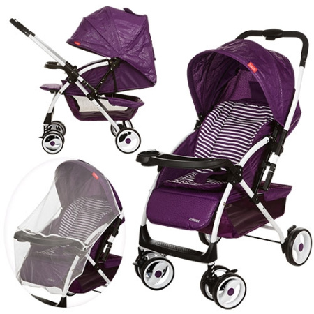 фото Коляска-книжка детская A-58-9 с перекидной ручкой и москитной сеткой (фиолетовая)