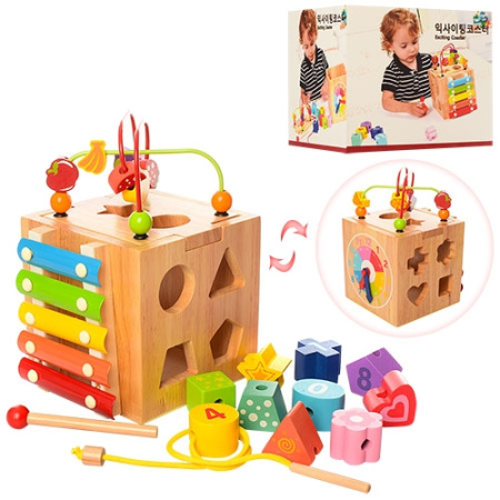 фото Развивающий деревянный куб MD 1080 лабиринт ксилофон и часы