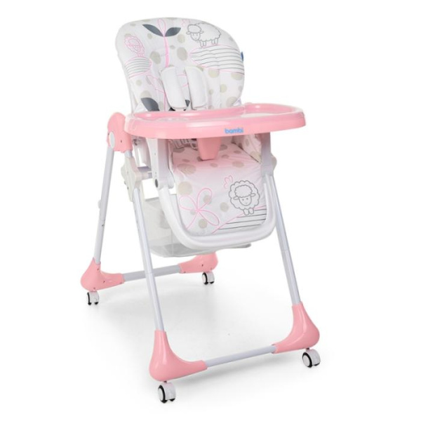 Складной стульчик для кормления Bambi M 3233 Lamb Light Pink на колесиках (овечки светло-розовый)
