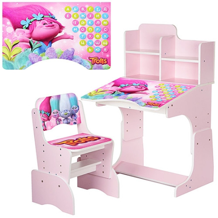 фото Детская парта с полочками и стульчиком W 2071-49 тролли (фиолетовая)