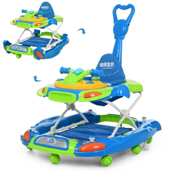 Детские ходунки 3в1 с родительской ручкой Bambi M 3461-2 качалка музыка свет (зеленые)