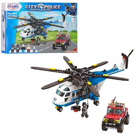 фото Детский конструктор 1201 полиция вертолет джип (415 деталей)
