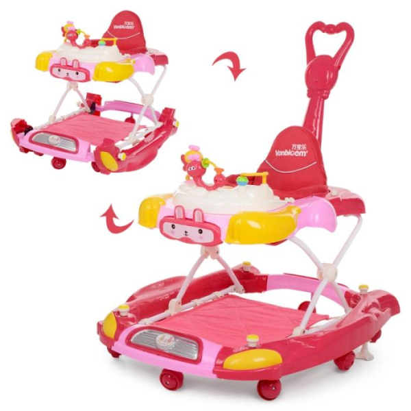 Детские музыкальные ходунки Bambi M 4021-4 качалка 3в1 с ручкой и ковриком (розовые)
