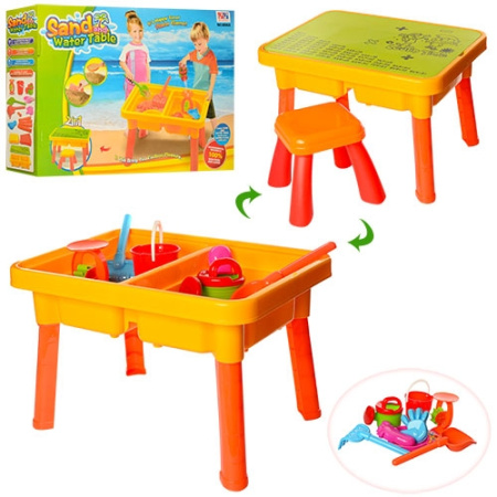 фото Детский столик-песочница 8806A ведро лейка лопатка грабли формочки