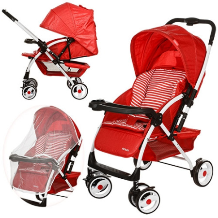 фото Коляска-книжка детская A-58-3 с перекидной ручкой и москитной сеткой (красная)