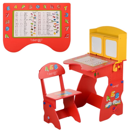 фото Регулируемая парта и стульчик для детей W 077 с мольбертом и шкафчиками