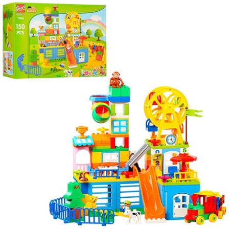 фото Детский конструктор 1054 парк развлечений фигурка животные трнаспорт (150 деталей)