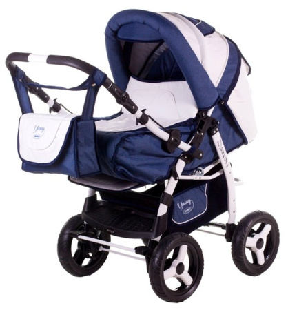 фото Коляска-трансформер Adamex Young т.синий (лен) белый-белая кожа 600209