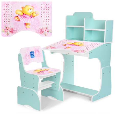 фото Детская парта ростовая B 2071-55-4 Мишка-балерина со стульчиком (мятная)