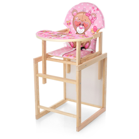 фото Деревянный стульчик для кормления М V-122-9PU Розовый Медведь ремни безопасности и эко-кожа