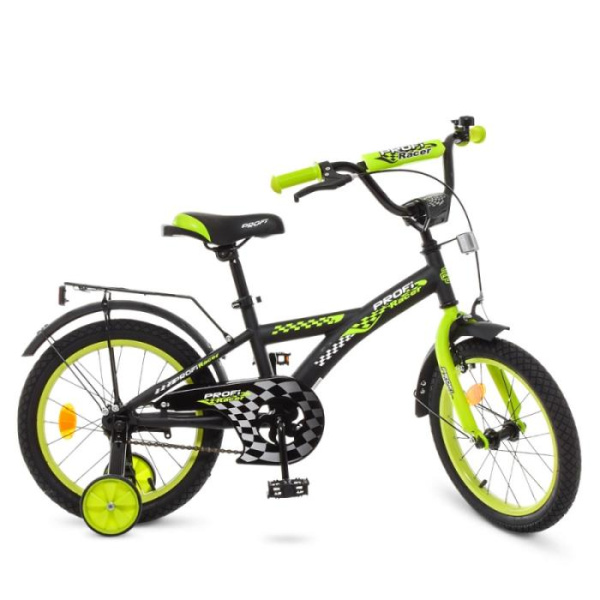 Велосипед для детей 16 дюймов Profi T1637 Racer со страховачными колесами (черно-салатовый)