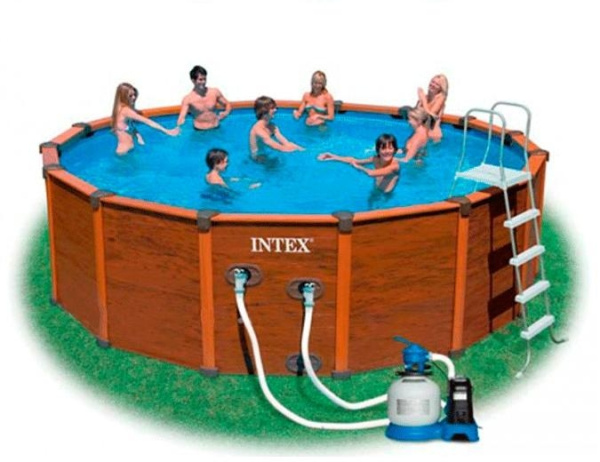 Сборной  бассейн Intex 54972, деревянный каркас, фильтрующий песочный насос (478 см - 124 см)
