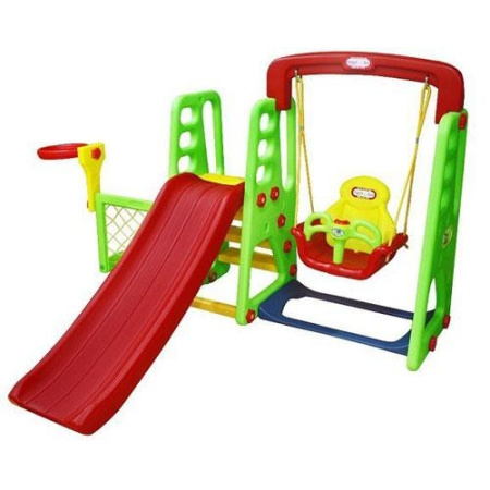 фото Детская горка JM 701 A с качелями, футбольными воротами и баскетбольным кольцом