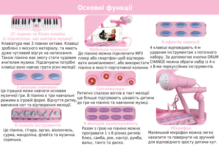 фото Детское пианино синтезатор Baoli "Маленький музикант" с микрофоном и стульчиком 37 клавиш (розовый)