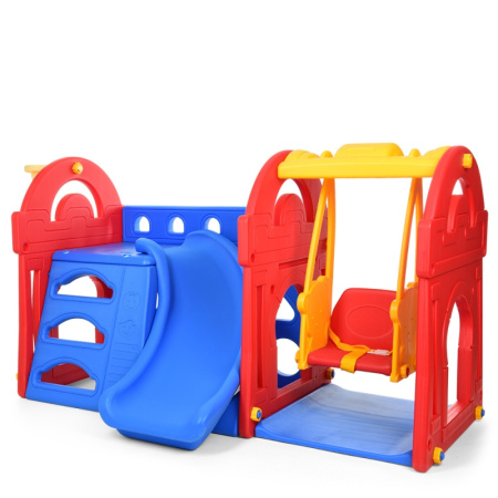 фото Детская горка c качелями M 5402-3-4 Little castle с баскетбольным кольцом (сине-красно-желтая)
