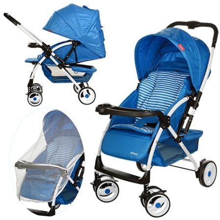 фото Коляска-книжка детская A-58-4 с перекидной ручкой и москитной сеткой (синяя)