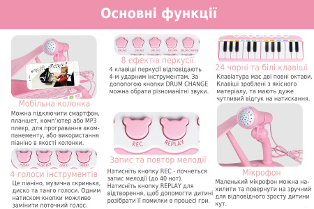 фото Детское пианино синтезатор Baoli "Маленький музикант" с микрофоном 24 клавиши (розовый)