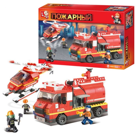 фото Конструктор для детей SLUBAN M38-B0222 Пожарные спасатели машина вертолет (409 деталей)