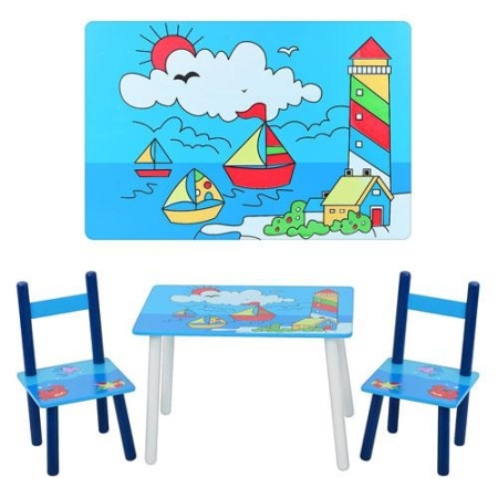фото Деревянный прямоугольный детский столик со стульчиками «Кораблики» E 03-2100