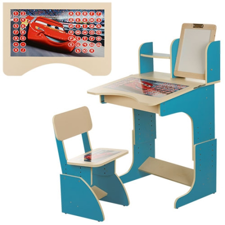 фото Детская парта с магнитной доской - мольбертом F103 Тачки, регулируемая (синяя)