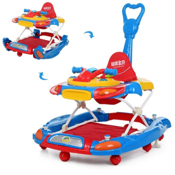 Детские ходунки 3в1 с родительской ручкой Bambi M 3461-1 качалка музыка свет (синие)